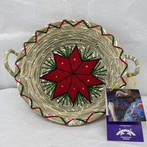 Hand Woven Coiled Pine Needle Basket Poinsettia Holiday Christmas Floral VTG